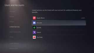 Setting up Discord on PS5 in the Linked Services tab.