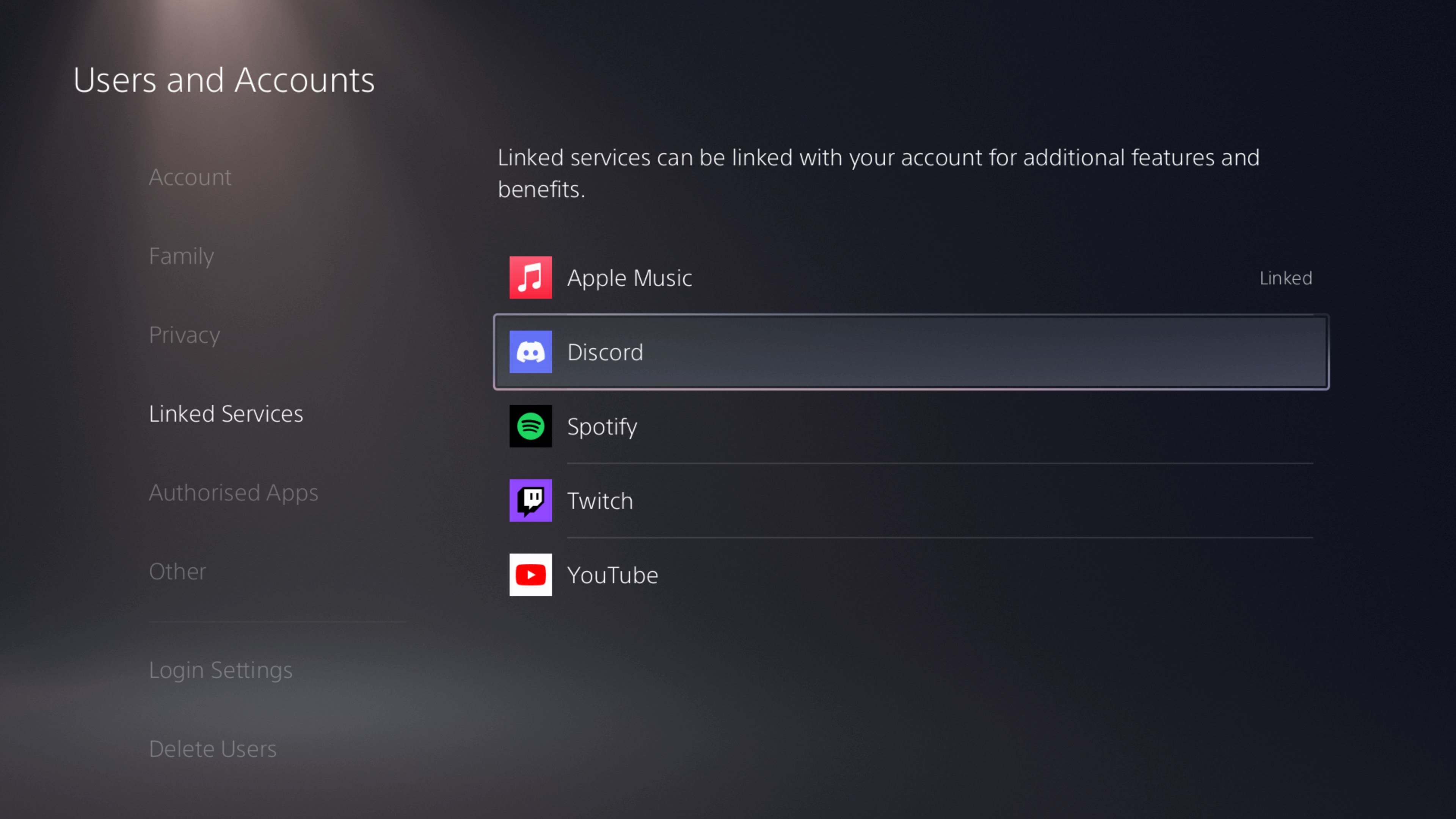 Setting up Discord on PS5 in the Linked Services tab.