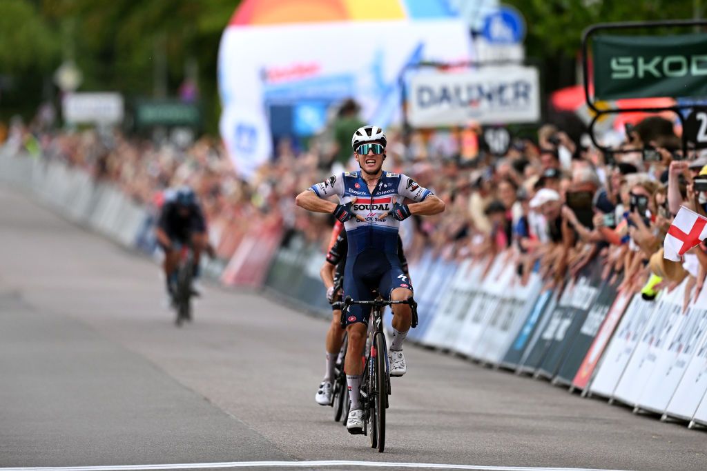 MERZIG GERMANY AUGUST 24 Ilan Van Wilder of Belgium and Team Soudal Quick Step celebrates at finish line as stage winner during the 38th Deutschland Tour 2023 Stage 1 a 179km stage from Sankt Wendel to Merzig on August 24 2023 in Merzig Germany Photo by Christian KasparBartkeGetty Images