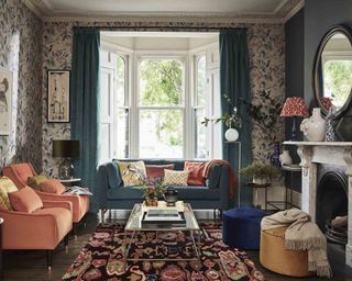 Modern Archive Living Room, John Lewis AW20 with printed wallpaper, marble fireplace, printed rug design and velvet furniture