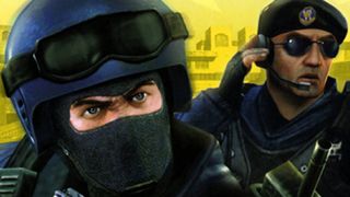 Masked Counter-Terrorist in helmet in forefront with sunglasses and beret-wearing CT in background touching headset