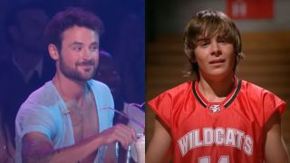 Side by side of Dylan Efron on Dancing with the Stars smiling and Zac Efron looking concerned on the basketball court in High School Musical.