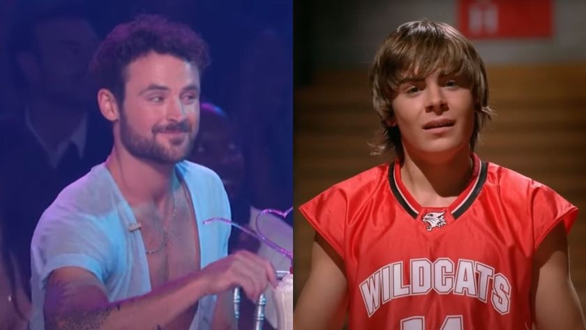 Side by side of Dylan Efron on Dancing with the Stars smiling and Zac Efron looking concerned on the basketball court in High School Musical.