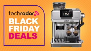 De'Longhi La Specialista Touch coffee machine on orange background with text 'TechRadar Black Friday deals'