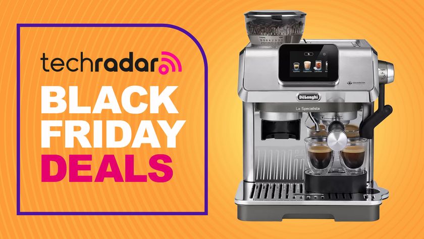 De&#039;Longhi La Specialista Touch coffee machine on orange background with text &#039;TechRadar Black Friday deals&#039;