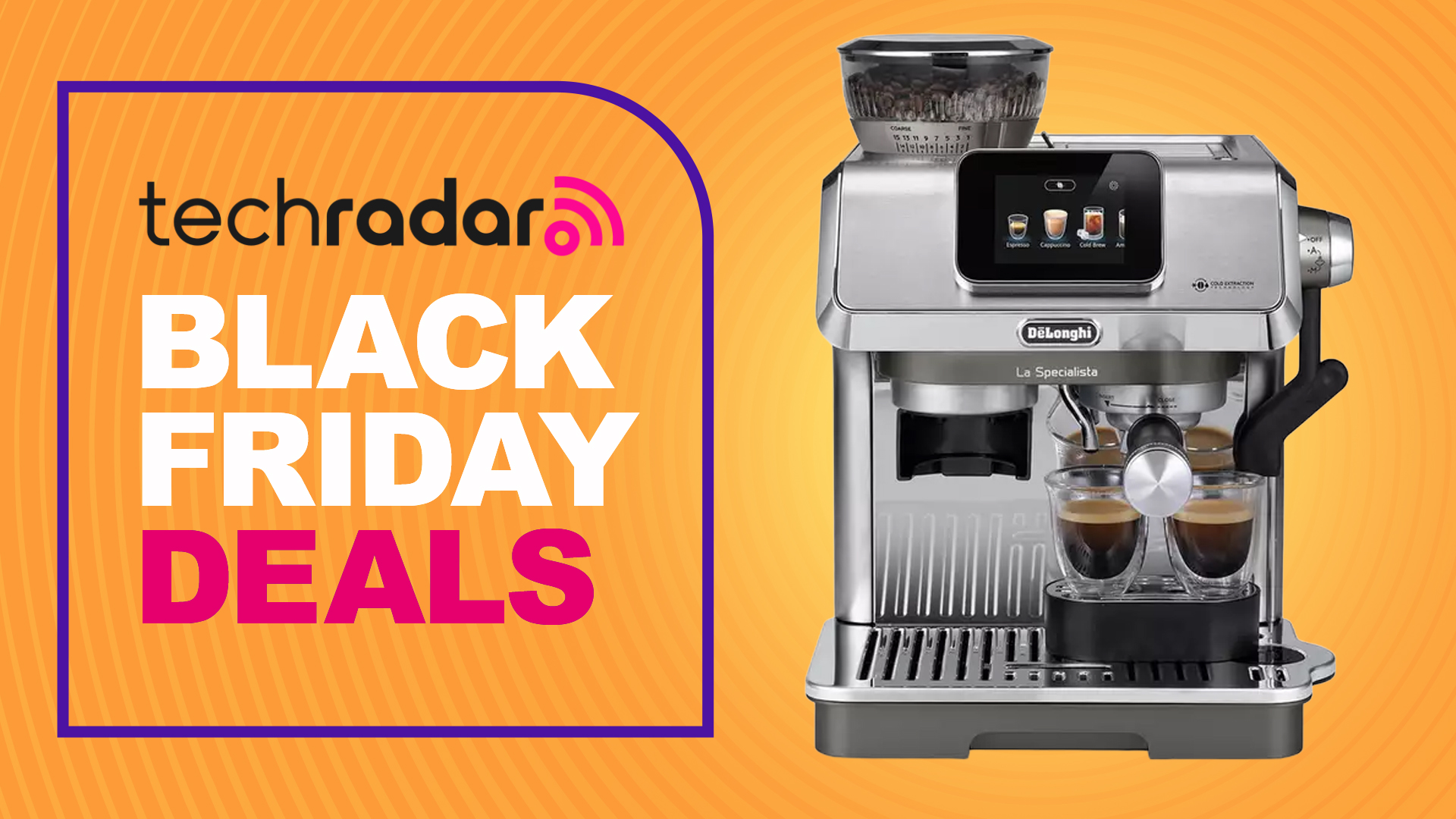 De&#039;Longhi La Specialista Touch coffee machine on orange background with text &#039;TechRadar Black Friday deals&#039;