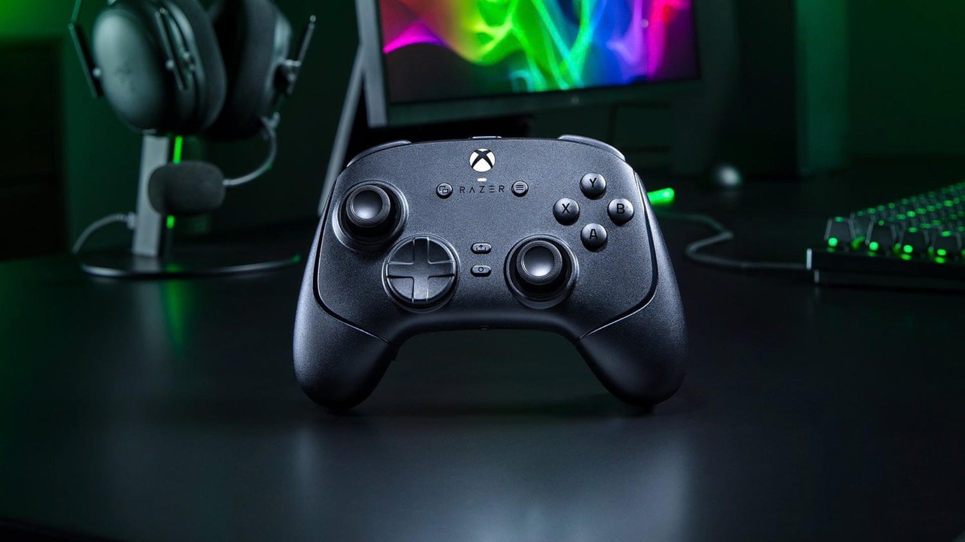 The razer wolverine v4 pro controller on a gaming desk