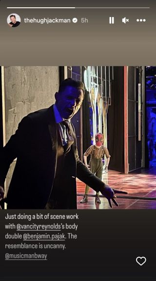 Instagram Stories picture of Hugh Jackman on stage with Music Man co-star Benjamin Pajak in Deadpool mask