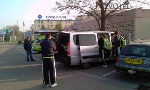Liquigas riders load up into a mini-van on Saturday morning, for the final leg of their journey - from Strasbourg, Germany to Maastricht, The Netherlands