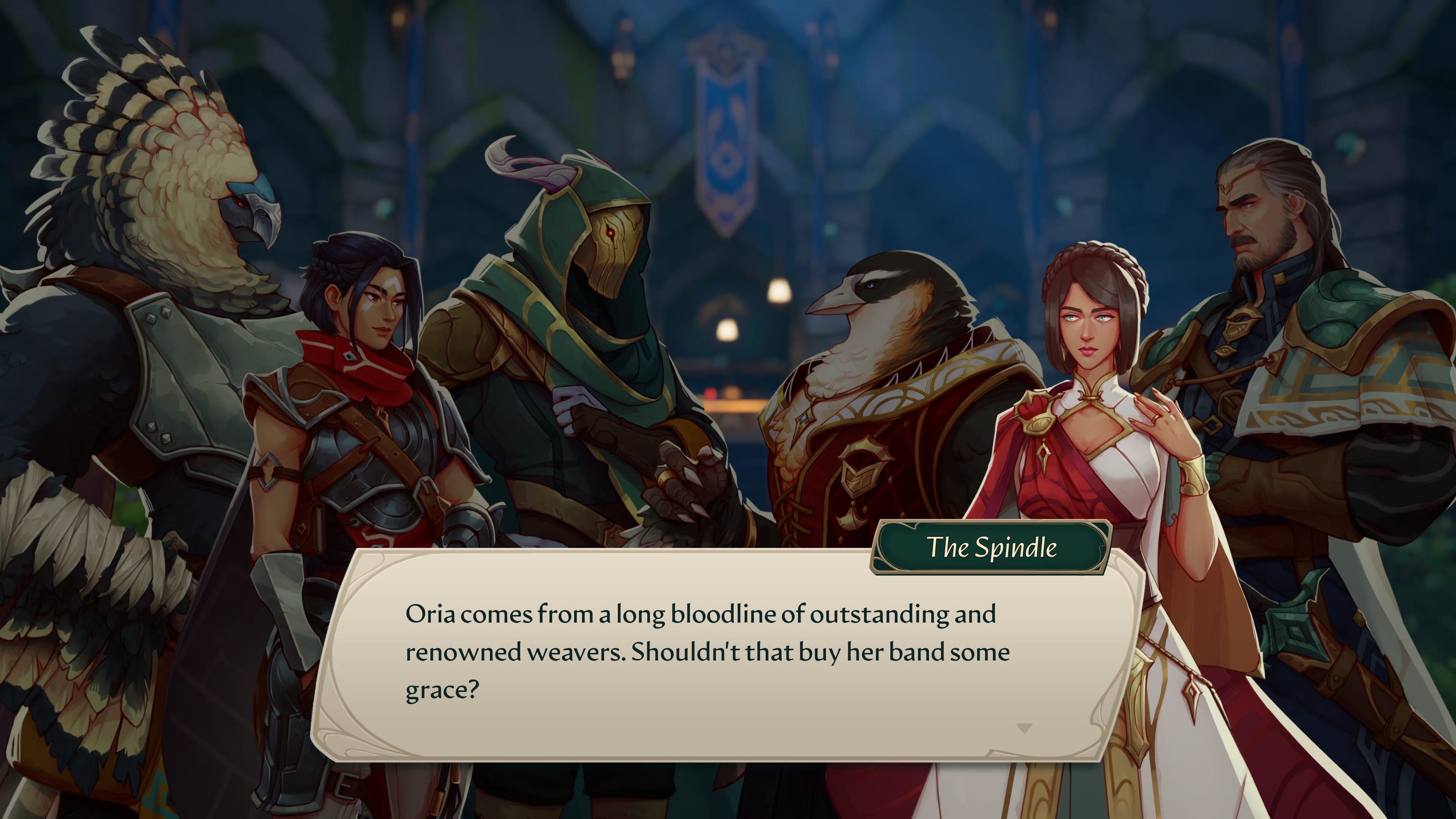 A visual novel style cutscene in Eternal Strands depicting humanoid birds and humans in coversation