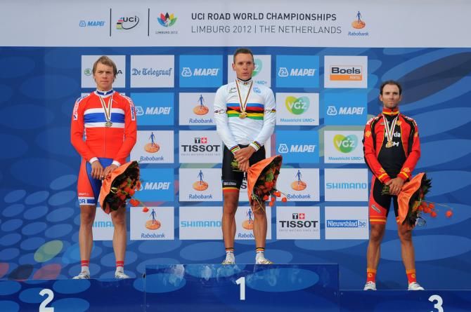 The 2012 podium (l-to-r): Edvald Boasson Hagen (Norway), Philippe Gilbert (Belgium) and Alejandro Valverde (Spain)