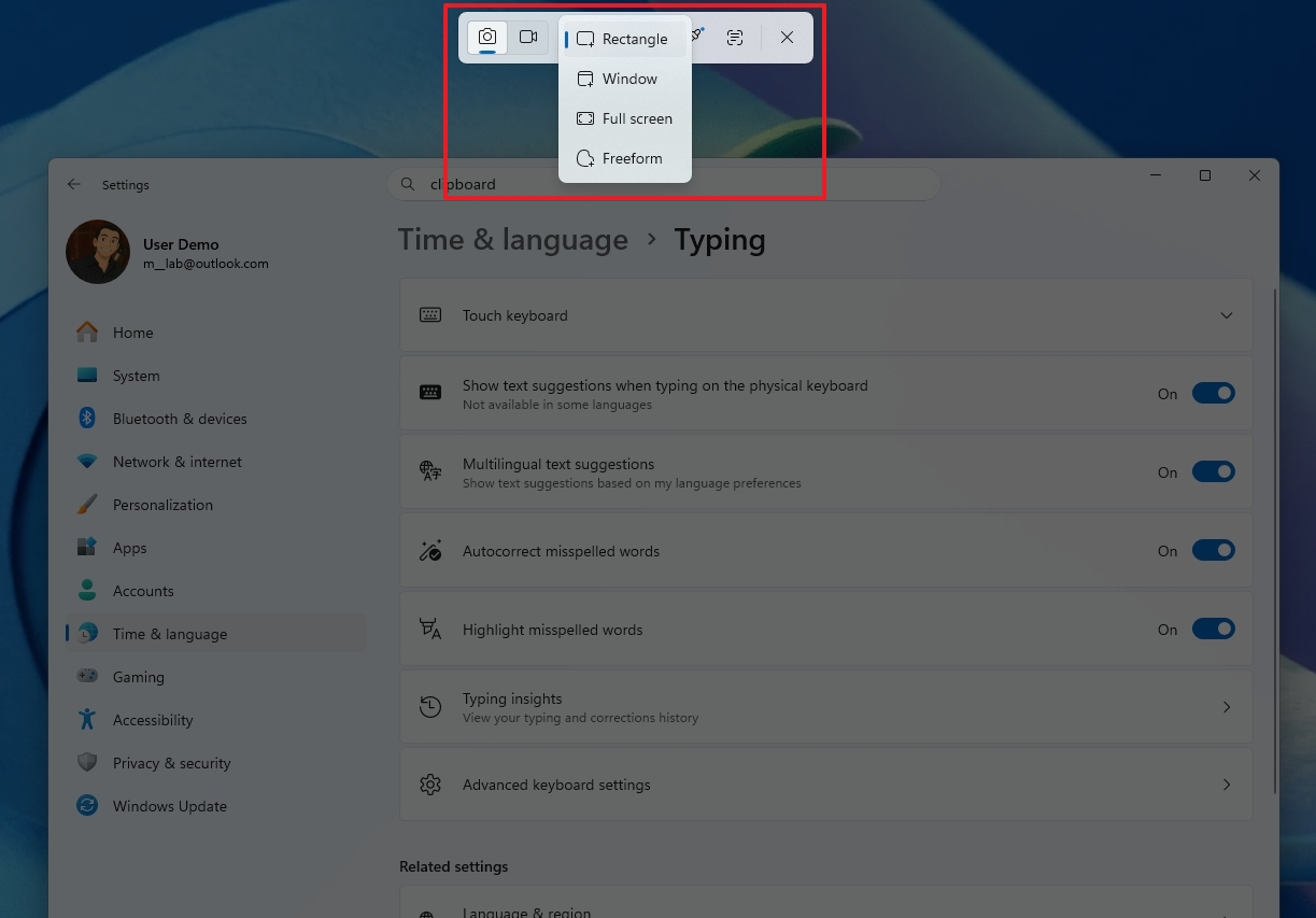Snipping Tool toolbar shortcut
