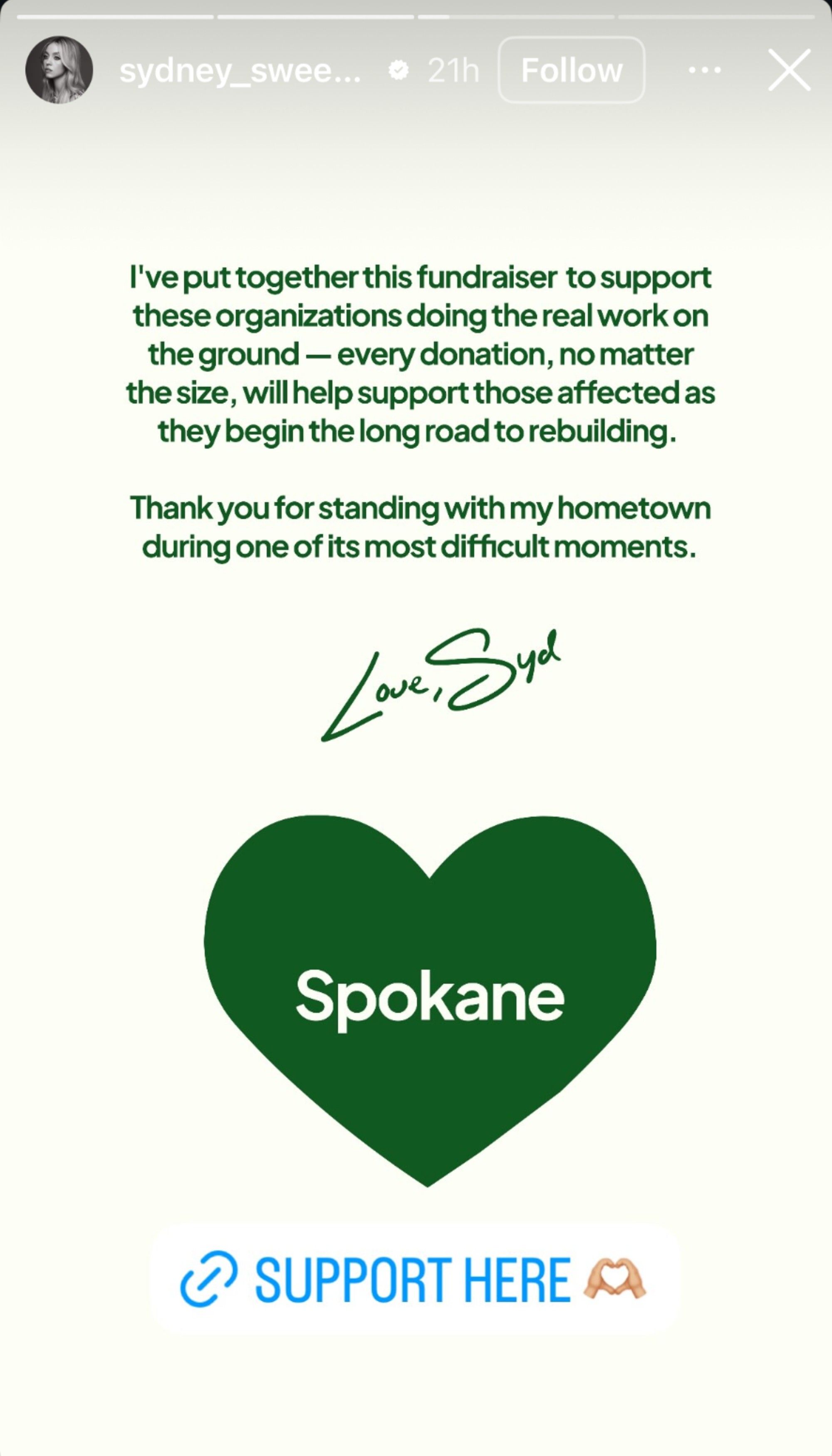 A statement from Sydney Sweeney about the Spokane Wildfires. 