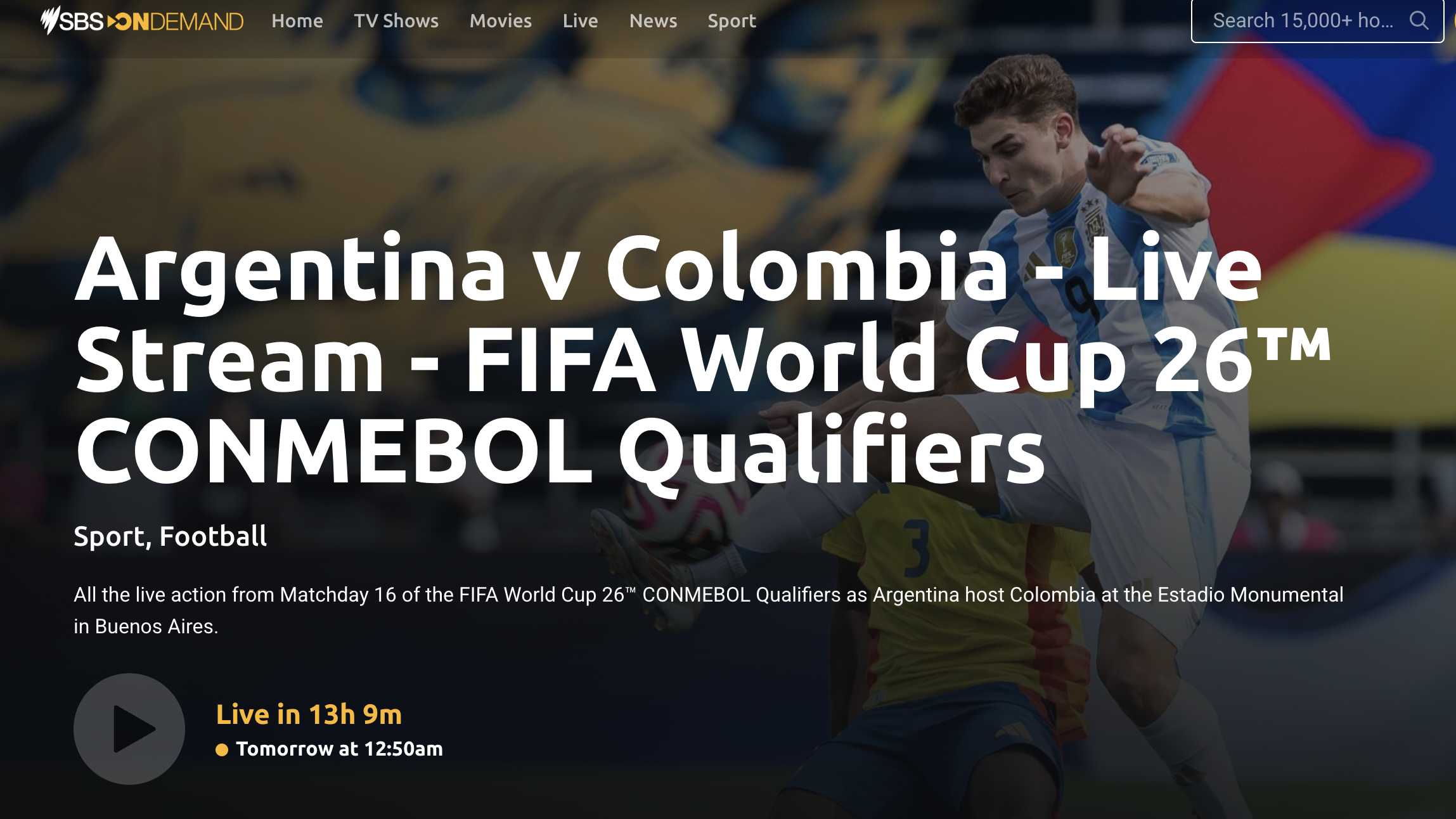 SBS' page for Argentina vs Colombia
