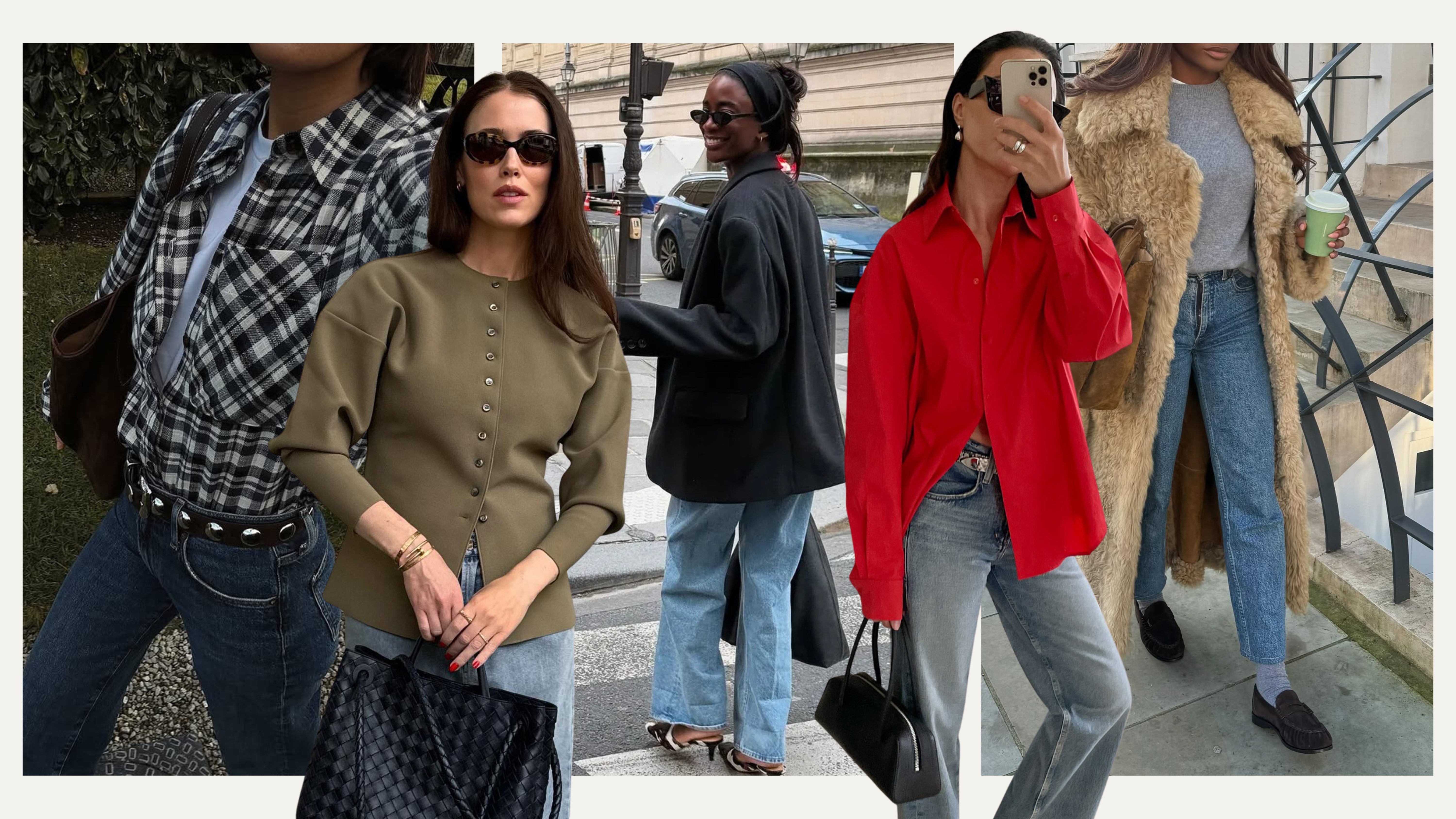 A selection of fashion content creators wear various autumn 2025 trends with jeans