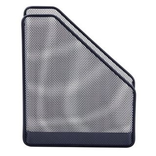 A black metal mesh magazine organiser