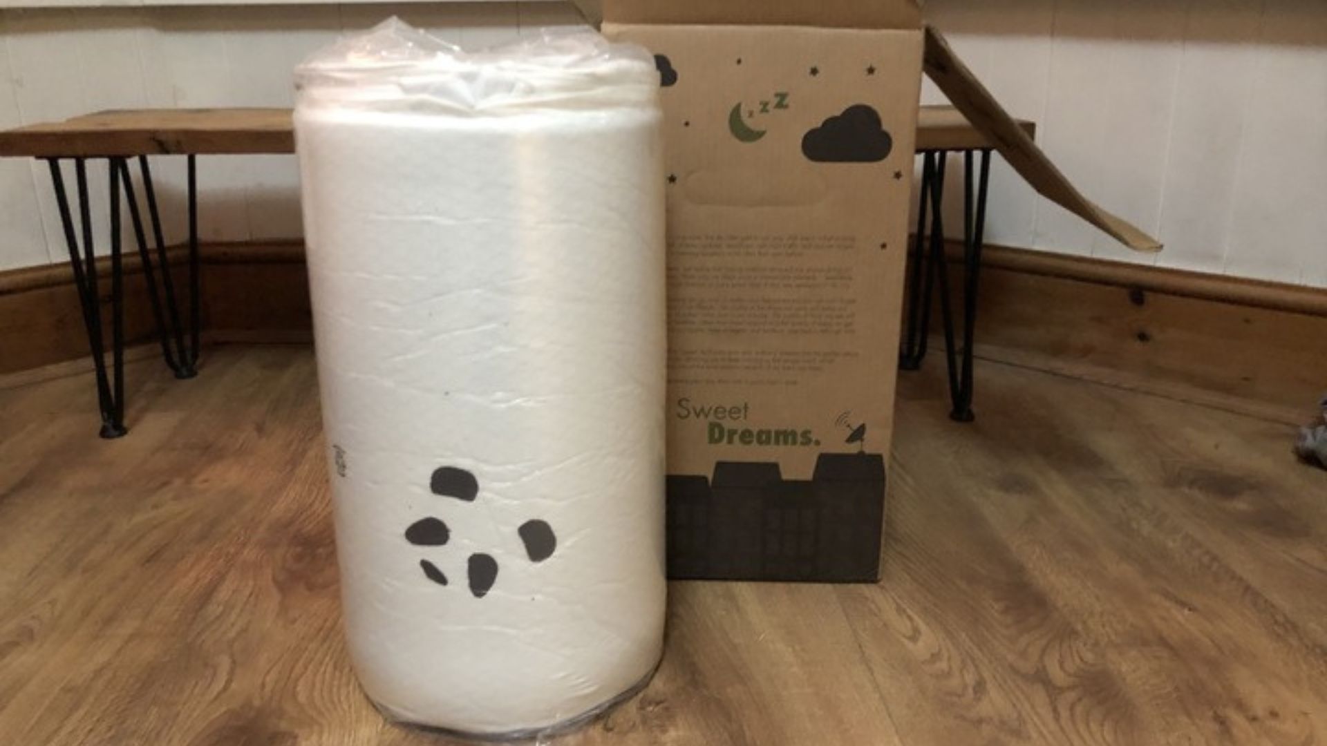 The unboxed Panda Bamboo Memory Foam Mattress Topper rolled up and wrapped in plastic, with its opened box posed next to it.