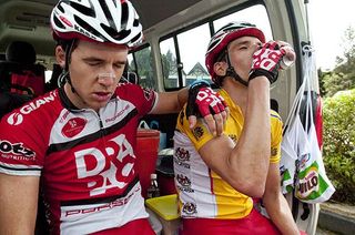 That was tough man: Drapac Cycling teammates Adam Semple (left) and Darren Lapthorne reflect on stage six up the Genting Highlands.