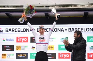 BARCELONA SPAIN MARCH 24 Tadej Pogacar of Slovenia and UAE Emirates Team celebrates at podium as stage winner during the 103rd Volta Ciclista a Catalunya 2024 Stage 7 a 1453km stage from Barcelona to Barcelona UCIWT on March 24 2024 in Barcelona Spain Photo by David RamosGetty Images