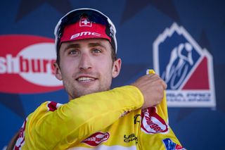 Taylor Phinney (BMC) puts on the yellow leader jersey after stage 1