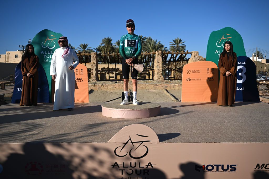 Tom Pidcock in the AlUla Tour leader's green jersey