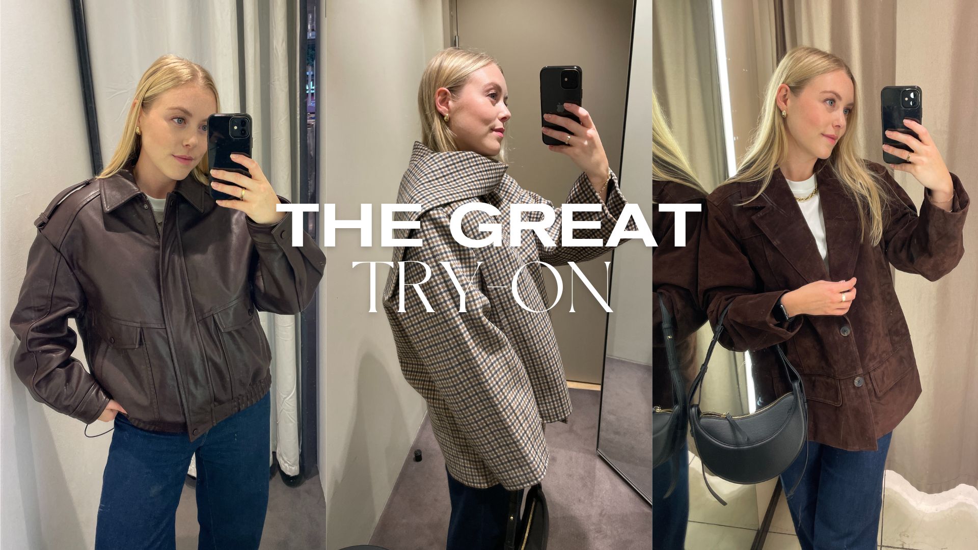 Woman wears burgundy leather bomber jacket; woman wears check scarf jacket; woman wears brown suede leather jacket. 