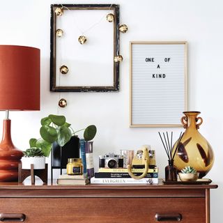 white wall with frames and wooden drawer with camera books pot plant lamp on it