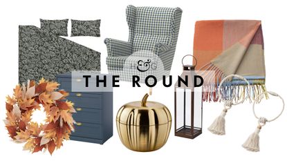 IKEA new arrivals for fall 2026, including a floral duvet set, autumnal wreath, navy dresser, checkered armchair, brass pumpkin candle, pillar lantern, throw blanket, and tassel curtain tie backs.