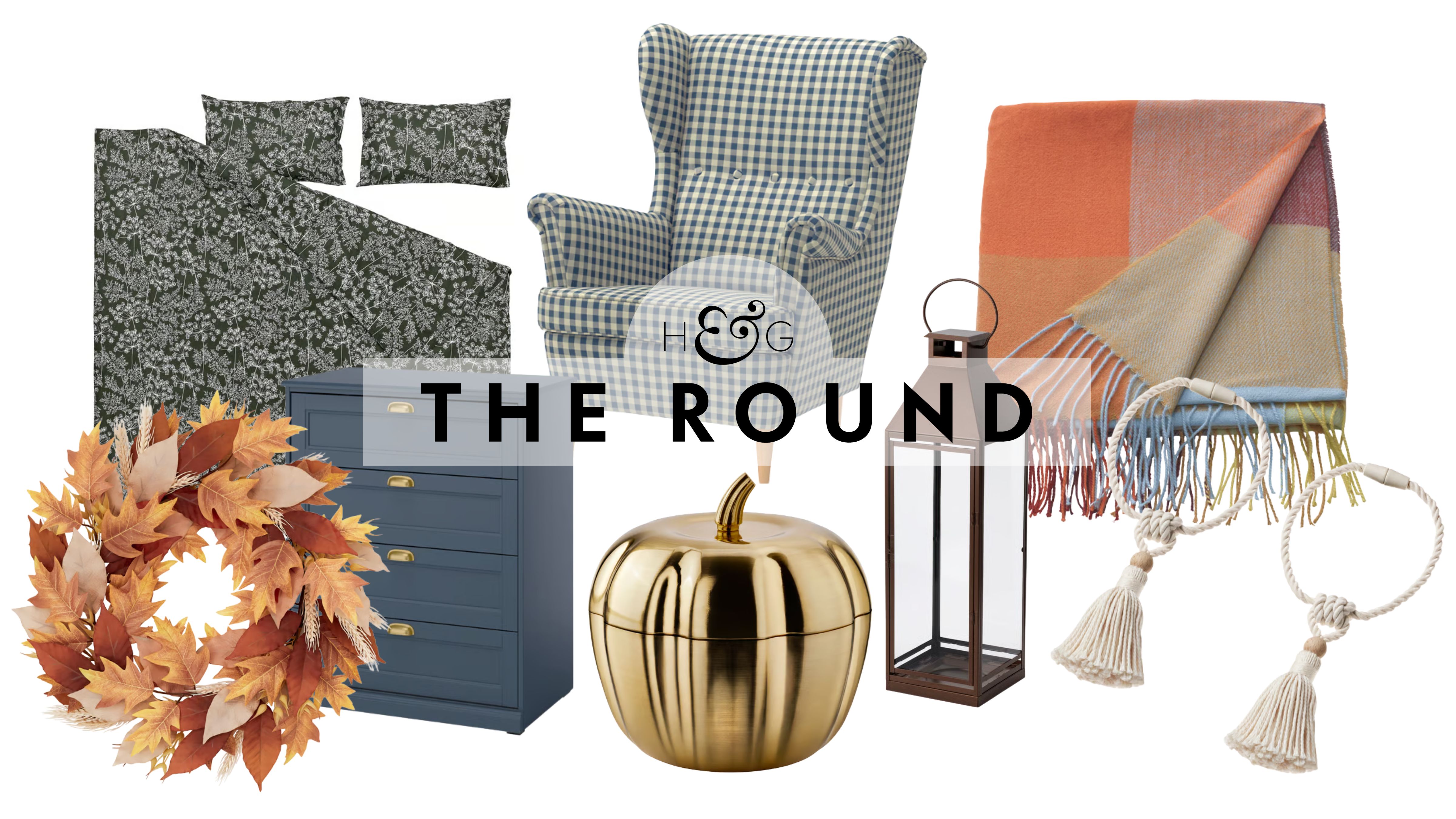 IKEA new arrivals for fall 2026, including a floral duvet set, autumnal wreath, navy dresser, checkered armchair, brass pumpkin candle, pillar lantern, throw blanket, and tassel curtain tie backs.