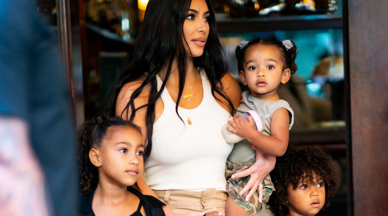 Kim Kardashian is seen with her children North, Saint and Chicago in SoHo on September 29, 2019 in New York City.