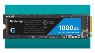 The Nextorage Japan 1TB NMMe Gen 4 SSD on a green background