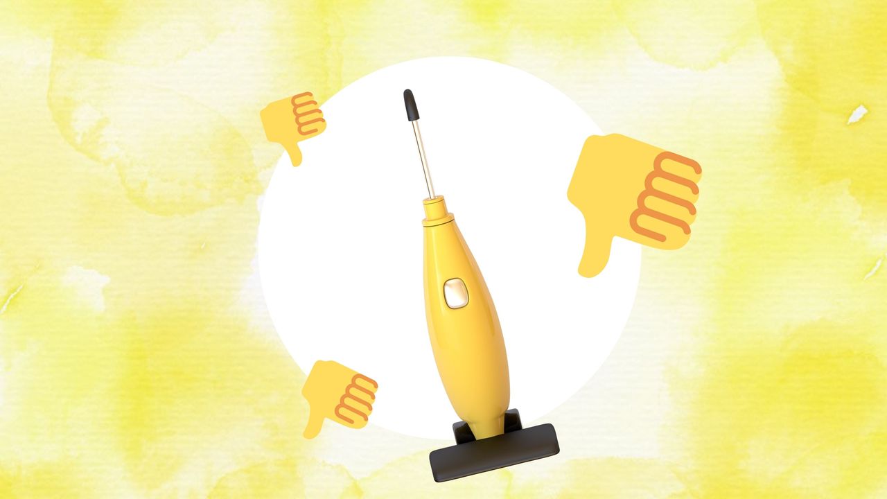 A yellow vacuum on a yellow background with emoji thumbs down around it