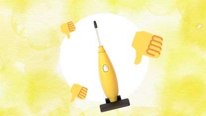 A yellow vacuum on a yellow background with emoji thumbs down around it