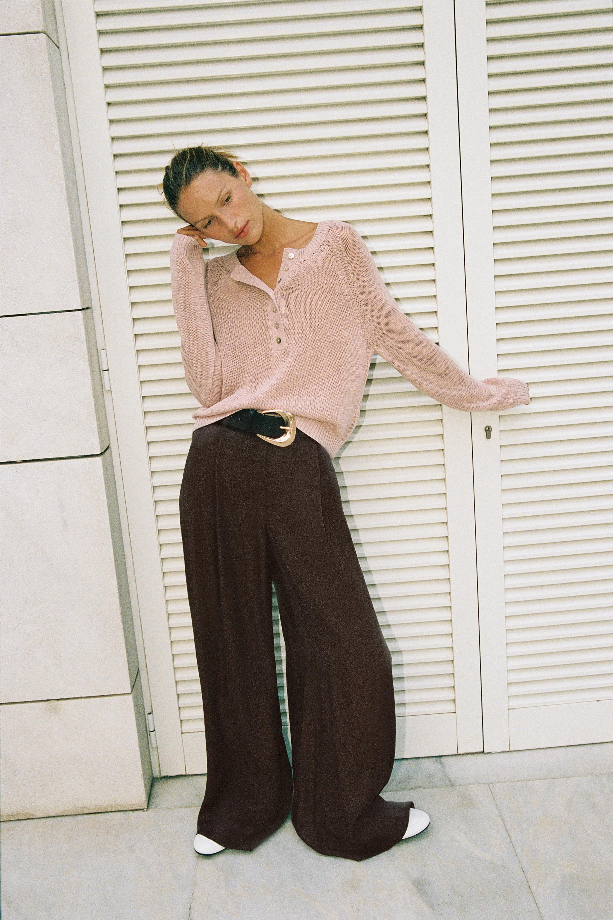 Wide-Leg Satin Trousers With Belt - Brown - Xs