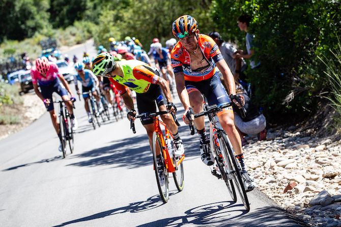Riders watch as the main group catches the break on stage 6 of the 2019 Tour of Utah