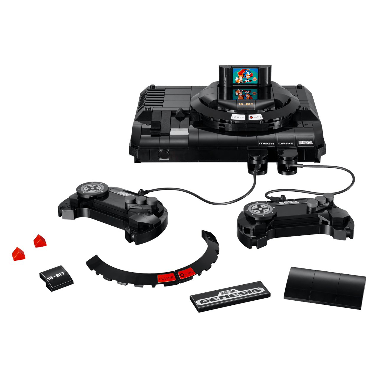 Lego Sega Genesis set with controllers on a plain background