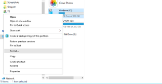 A screenshot of a Windows 10 menu showing how to format a hard drive