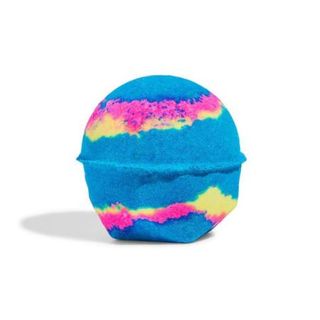 A product image of a blue, pink, and yellow bath bomb