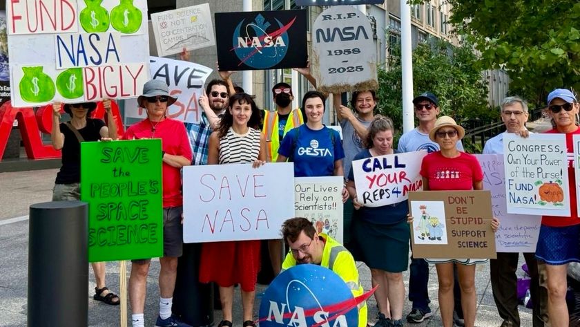 A series of images from the recent NASA protests showing various individuals holding microphones and signs outside of NASA&#039;s D.C. headquarters with the red lettering logo in front of glass doors