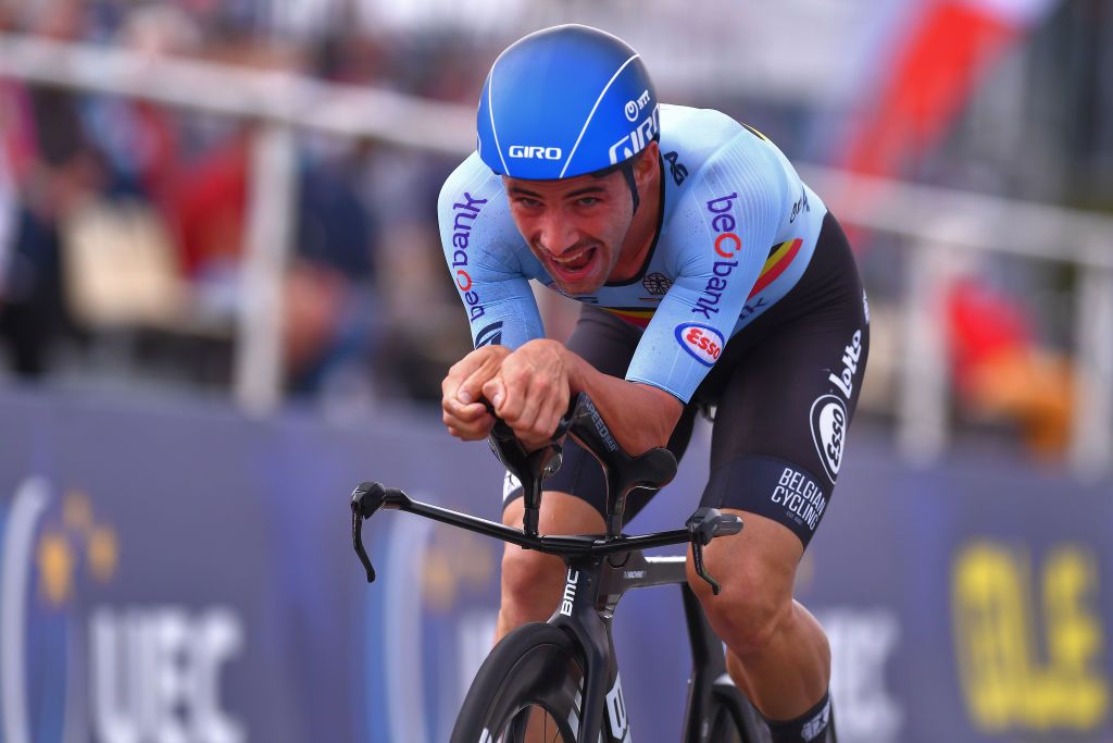 PLOUAY FRANCE AUGUST 24 Arrival Victor Campenaerts of Belgium during the 26th UEC Road European Championships 2020 Mens Elite Individual Time Trial a 256km race from Plouay to Plouay ITT UECcycling EuroRoad20 on August 24 2020 in Plouay France Photo by Luc ClaessenGetty Images