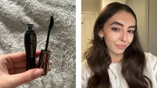 On the left, a close-up of Digital Beauty Writer, Sennen Prickett holding the Charlotte Tilbury Exaggereyes mascara and on the right, Sennen wears the mascara on her lashes