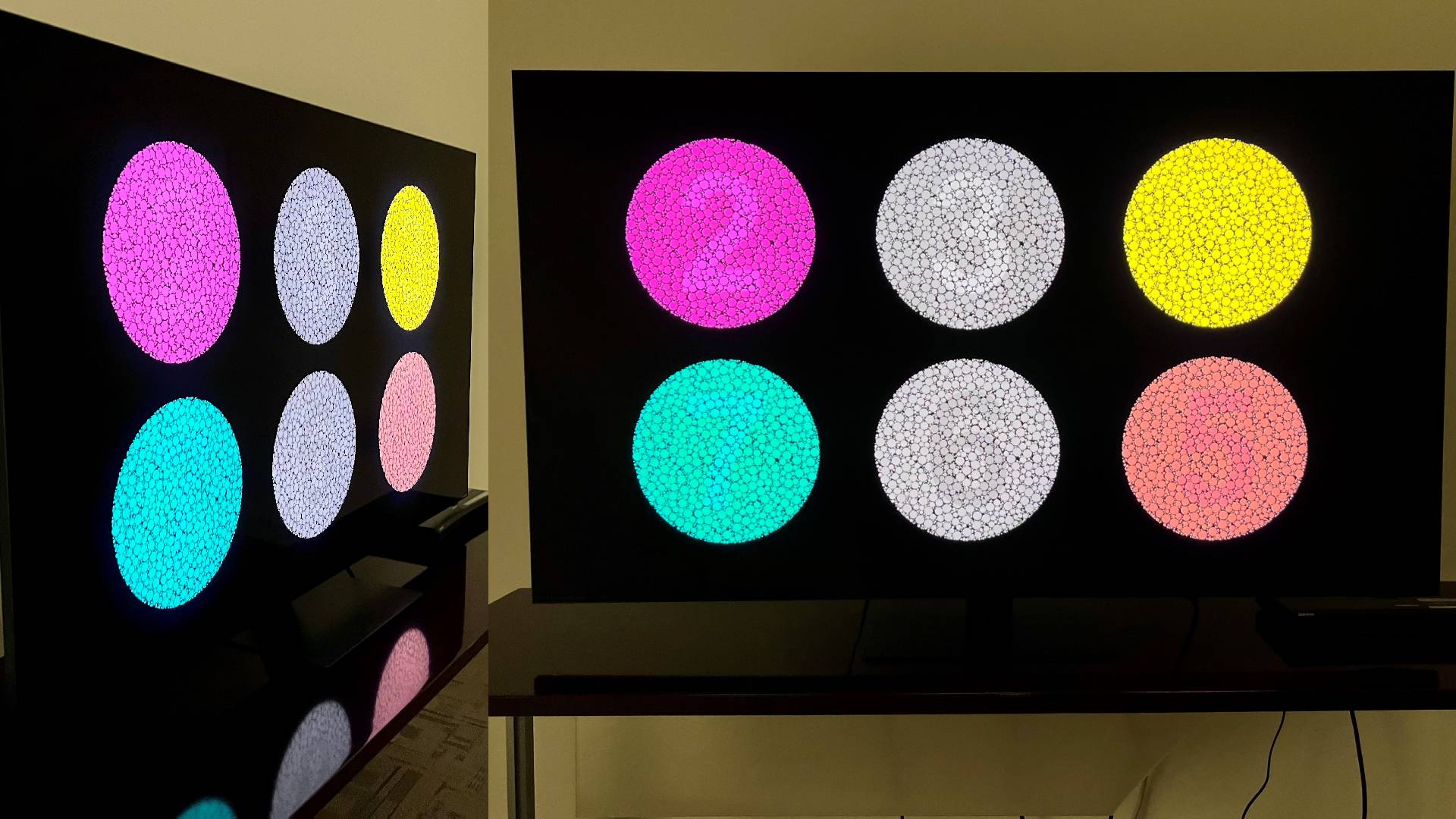 Samsung-QN95C TV split screen showing test pattern at center and off-axis
