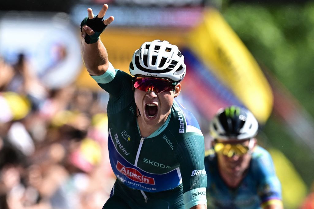 AlpecinDeceunincks Belgian rider Jasper Philipsen C cycles to the finish line to win the 7th stage of the 110th edition of the Tour de France cycling race 170 km between MontdeMarsan and Bordeaux in southwestern France on July 7 2023 Photo by Marco BERTORELLO AFP Photo by MARCO BERTORELLOAFP via Getty Images