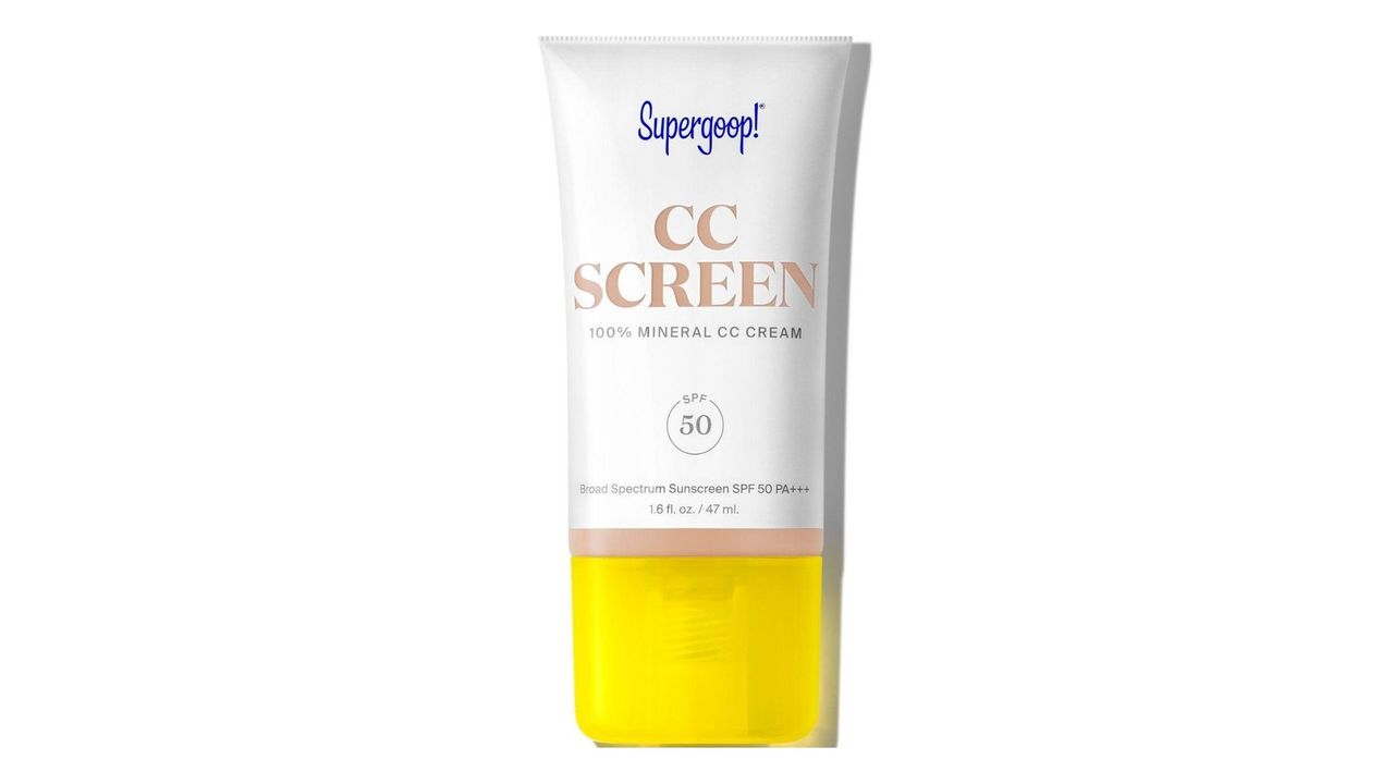 A squeeze tube of Supergoop! CC Mineral Sunscreen SPF 50 for the best tinted moisturizer with SPF.