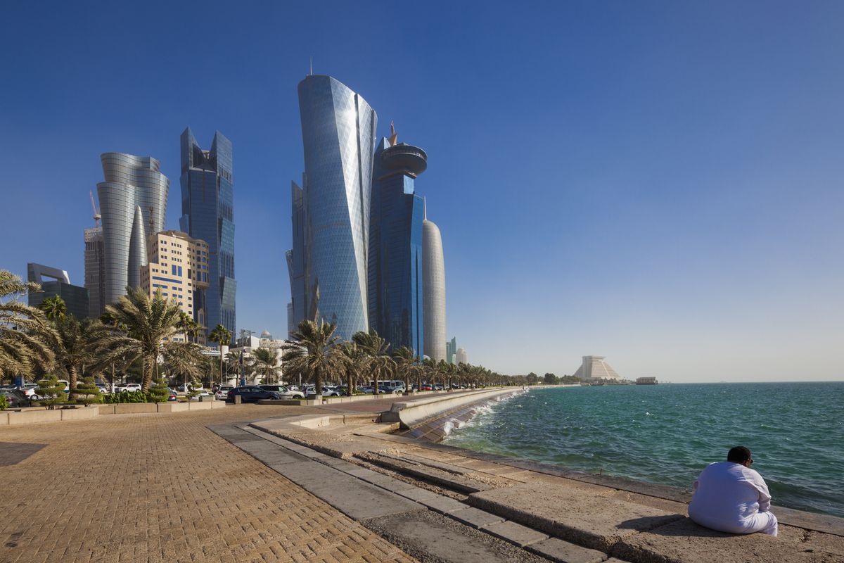 How hot will it be at the Qatar World Cup 2022? Qatar, Doha, Doha Bay, West Bay Skyscrapers from the Corniche, morning