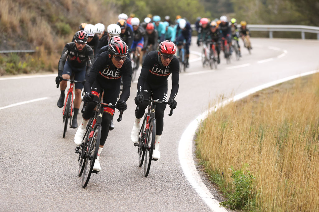 CAMBRILS SPAIN MARCH 26 LR Marc Soler Gimenez of Spain and Rui Alberto Faria Da Costa of Portugal and UAE Team Emirates compete during the 101st Volta Ciclista a Catalunya 2022 Stage 6 a 1685km stage from Costa Daurada SalouCambrils to Costa Daurada SalouCambrils VoltaCatalunya101 WorldTour on March 26 2022 in Cambrils Spain Photo by Gonzalo Arroyo MorenoGetty Images