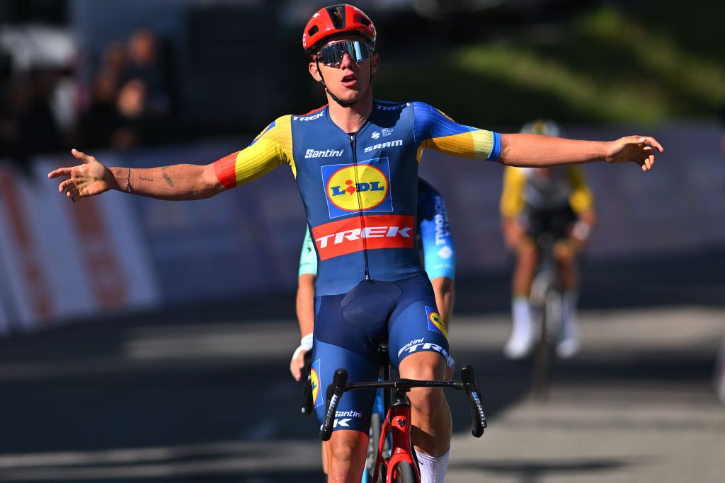 SALVANLES MARECOTTES SWITZERLAND APRIL 25 Thibau Nys of Belgium and Team Lidl Trek celebrates at finish line as stage winner during the 77th Tour De Romandie 2024 Stage 2 a 171km stage from Fribourg to SalvanLes Marecottes 1059m UCIWT on April 25 2024 in SalvanLes Marecottes Switzerland Photo by Luc ClaessenGetty Images