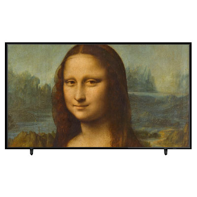 A product shot of the Samsung Frame Smart TV on a white background with a Mona Lisa painting on the screen