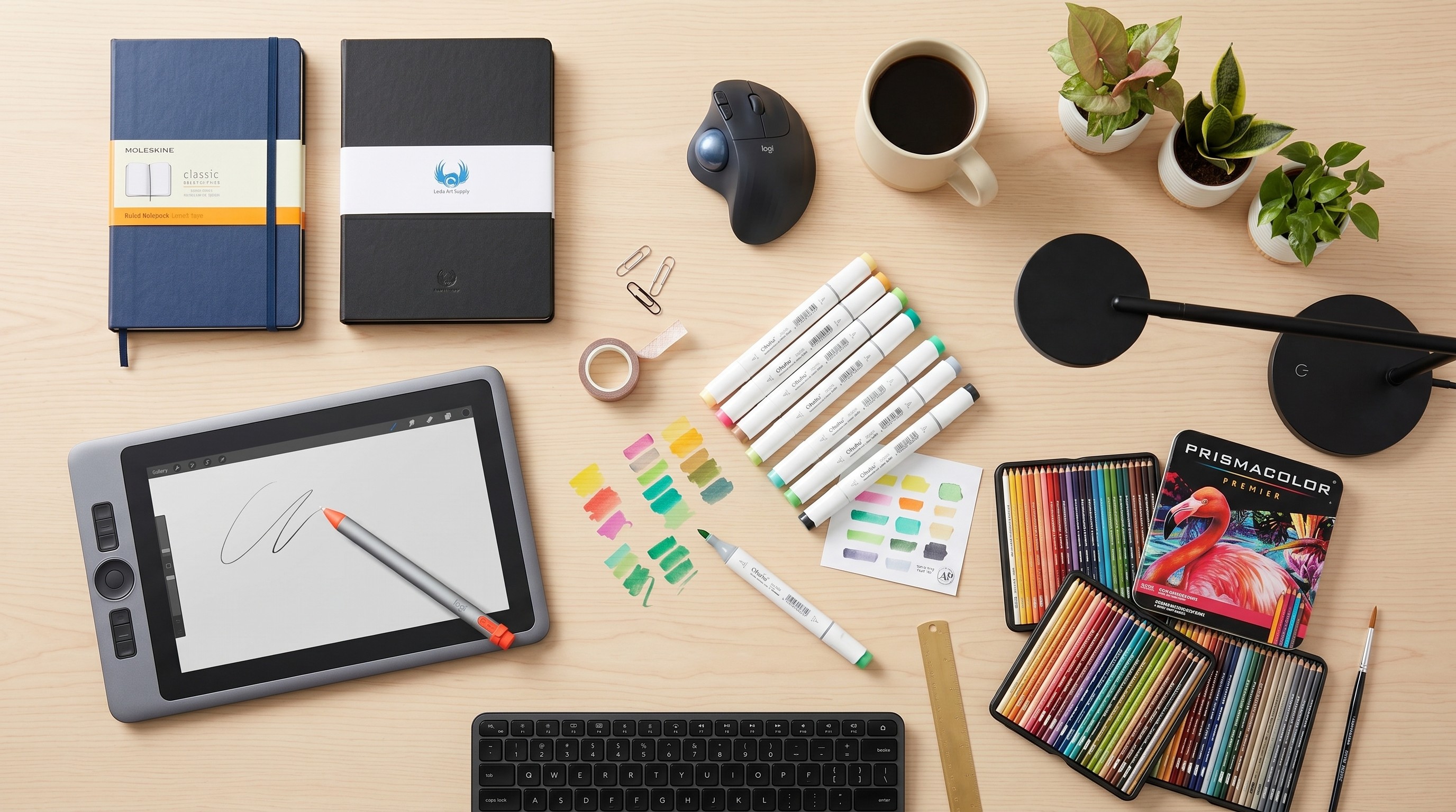 selection of creative tools on a table