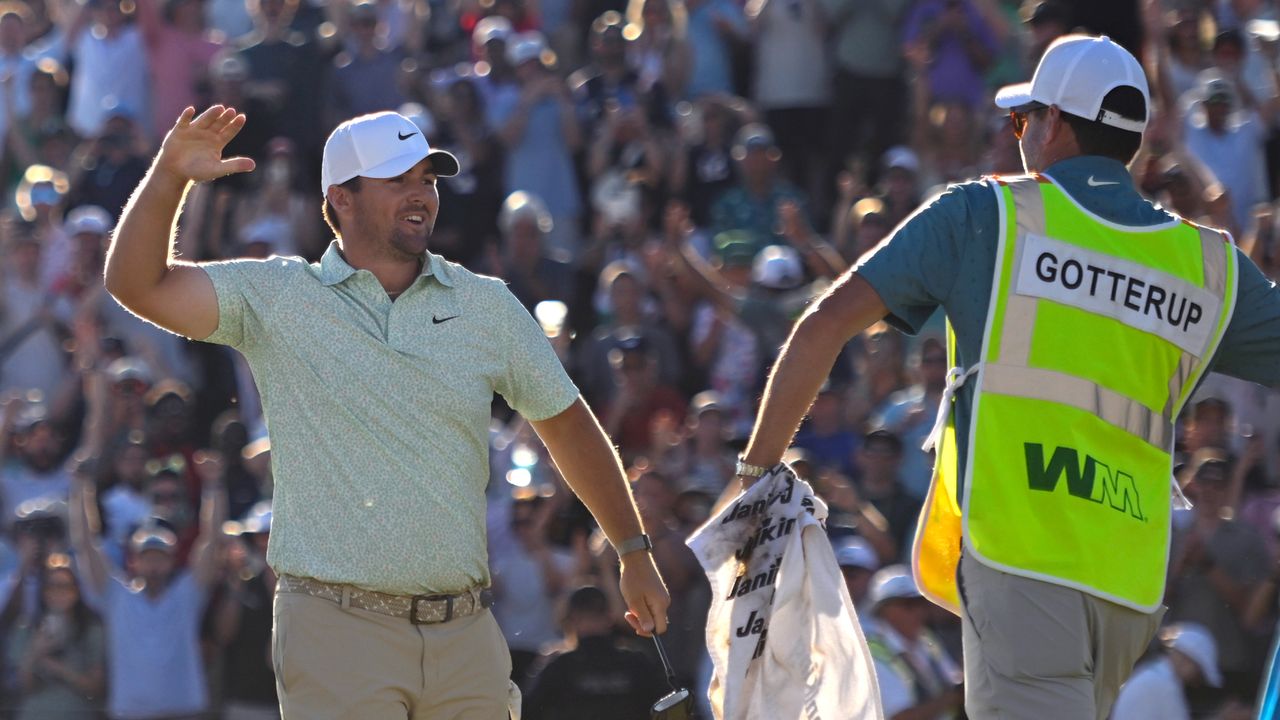 Chris Gotterup celebrates winning the Phoenix Open 